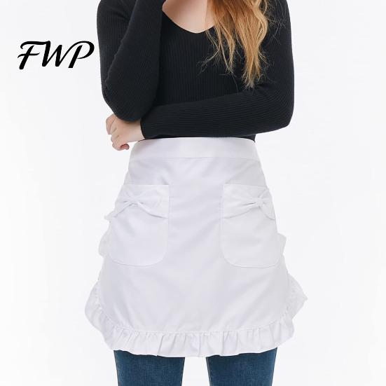 Waterproof Apron with Pockets Half Butterfly Bow & Lace Hem Waist for Kitchen Design Coffee Shop Bistro Adjustable Ties Cafe Server Waitress