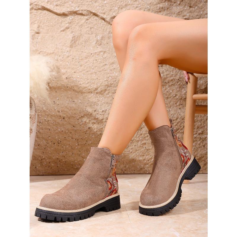 Winter 2025 Suede Print Booties Women's Plus Size Side Zipper Vintage Round Toe Muffin Martin Boots