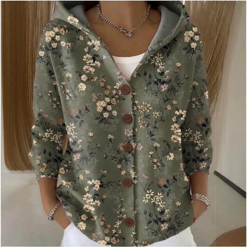 Women S Printed Button Knit Hooded Cardigan Sweatshirt Casual Loose Outerwear