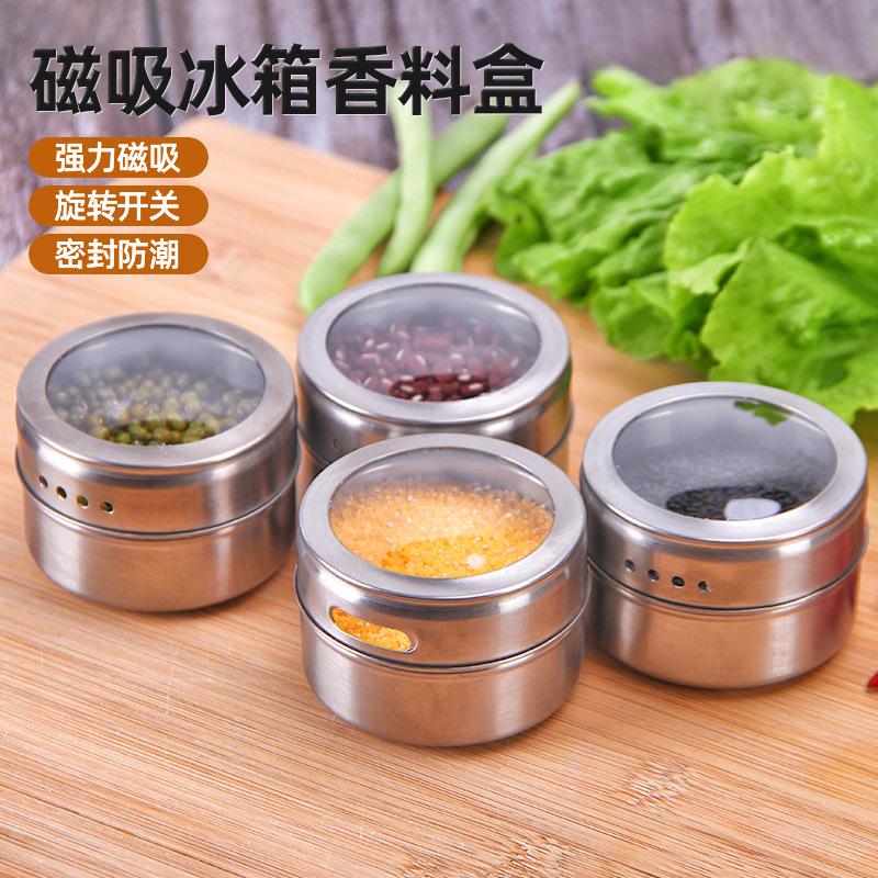 4 Pcs Magnetic Spice Tin Jar Rack Stainless Steel Spice Sauce Storage Container Clear Lid Jars Kitchen Condiment Sprinkle Can