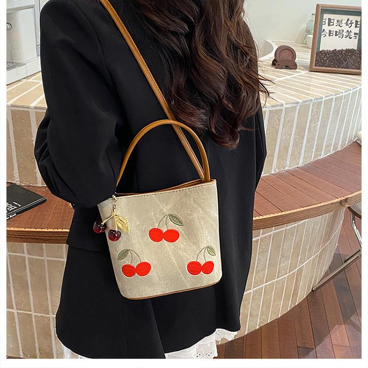 Casual Cherry Embroidery Shoulder Bags for Women Versatile Portable Ladies Crossbody Bag Simple Girls Bucket Handbags Purse