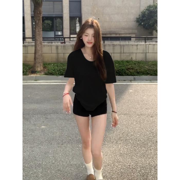 

2025 Summer Pure Cotton V-Neck Solid Color Women s Chic Short Sleeve T-Shirt XXL чёрный