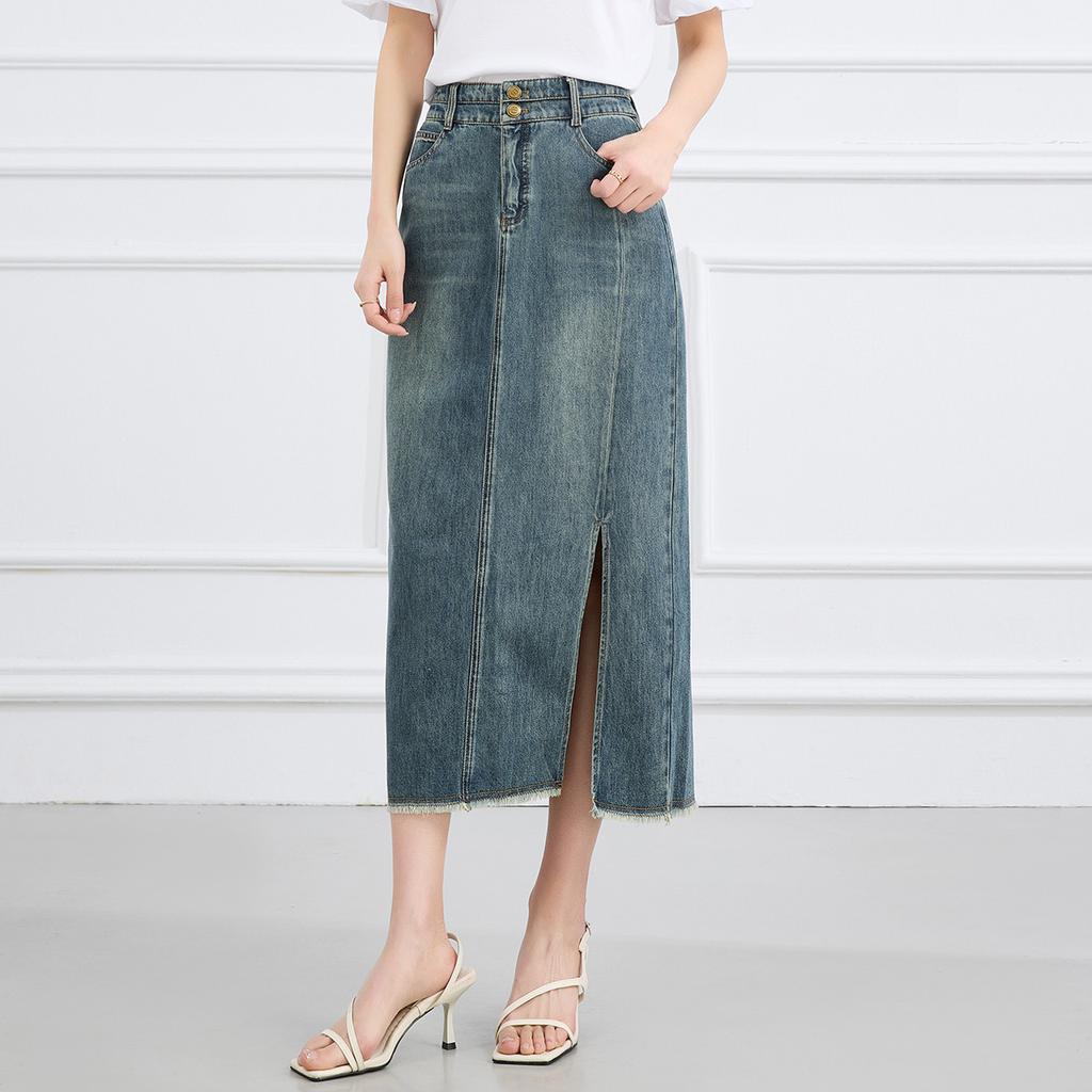 Summer High-Waisted Age-Reducing Mid-Length Denim Skirt