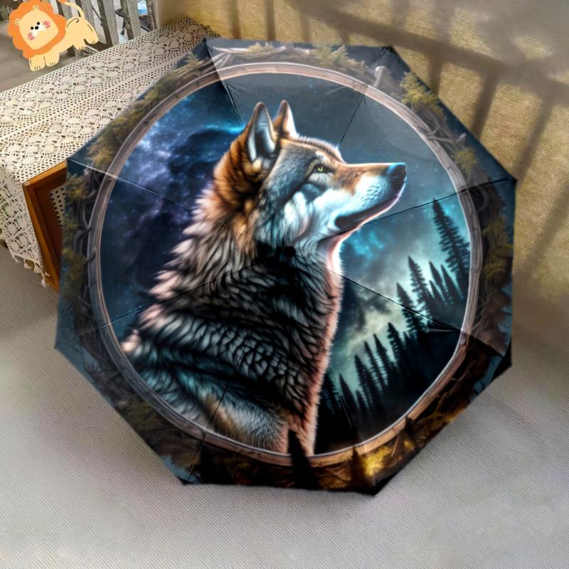1PC wolf theme Umbrella Portable Folding Umbrella Iron Frame Hole Bone Structure Outdoor Home Umbrella A17