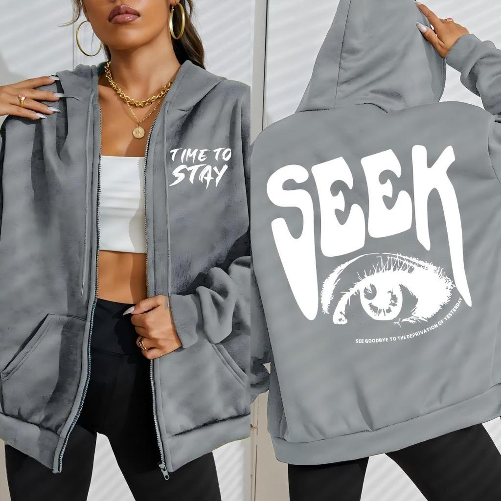 Seek Anticipated Gaze Design Women Zipper Hoodies Soft Casual Hoody Fleece Pocket Hoodie Comfortable Woman Clothing