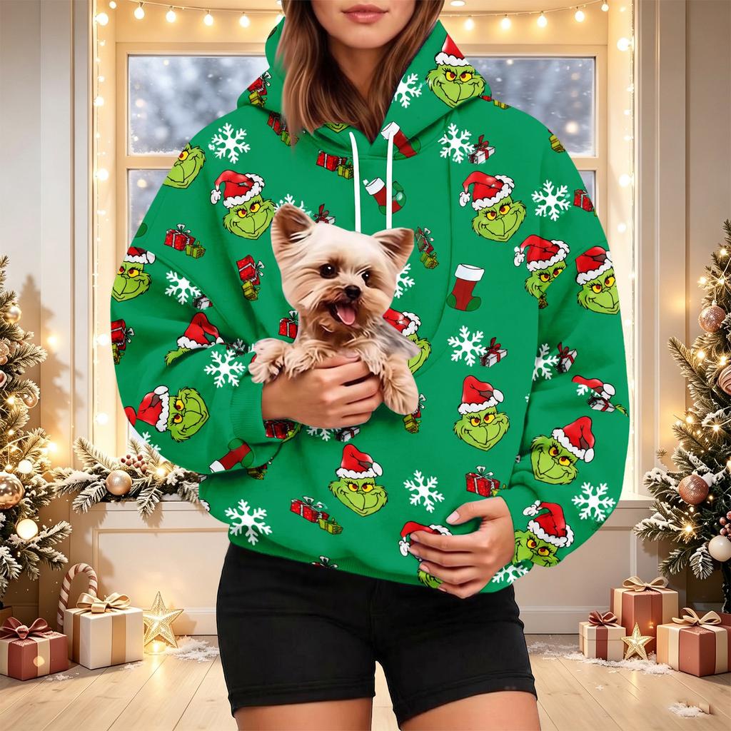 Women's Christmas Print Hoodie with Pet Pocket, Casual Long Sleeve Pullover Sweatshirt
