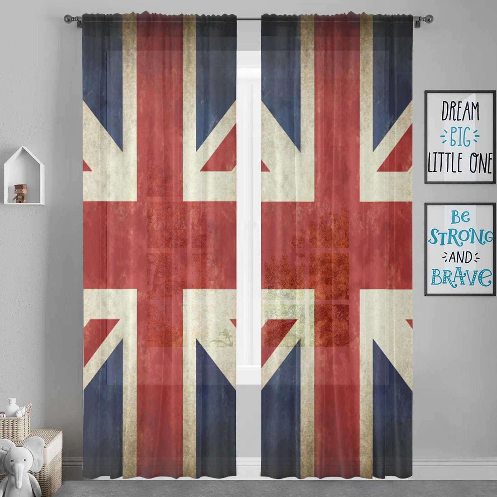 

Herdesings Прозрачные тюлевые шторы с британским флагом, шифоновые драпировки, 2 панели, оконные шторы для гостиной, спальни, кухни, для украшения 2PC W74 x H91cm