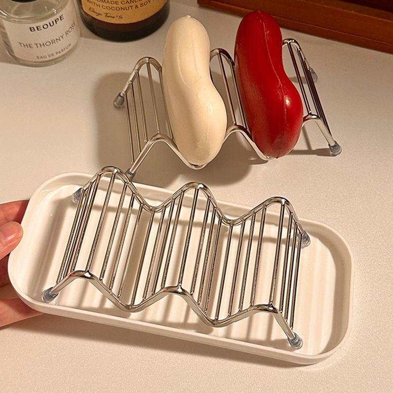 1pcs Stainless Steel Soap Dish with Wave Design Ceramic Tray for Bathroom Countertop Vanity Kitchen Organizer Organization