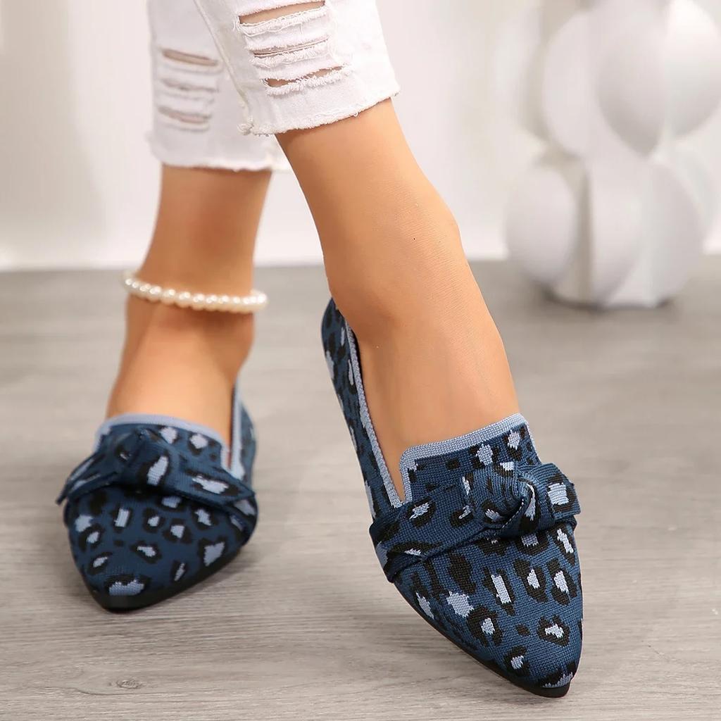 Women Knitted Bowtie Loafers Pointed Toe Breathable Flats Comfortable Casual Slip On Walking Shoes
