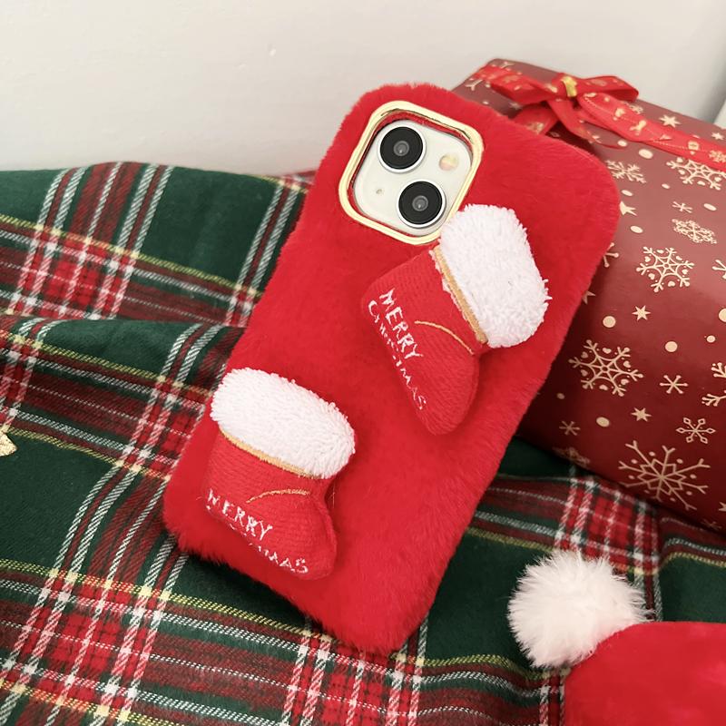 Christmas Tree Socks Cute Plush Phone Case For Iphone 15 14 13 12 11 Pro Max X XR XS Max 7 8 Plus Se 2020 2022 Xmas Furry Silicone Cases