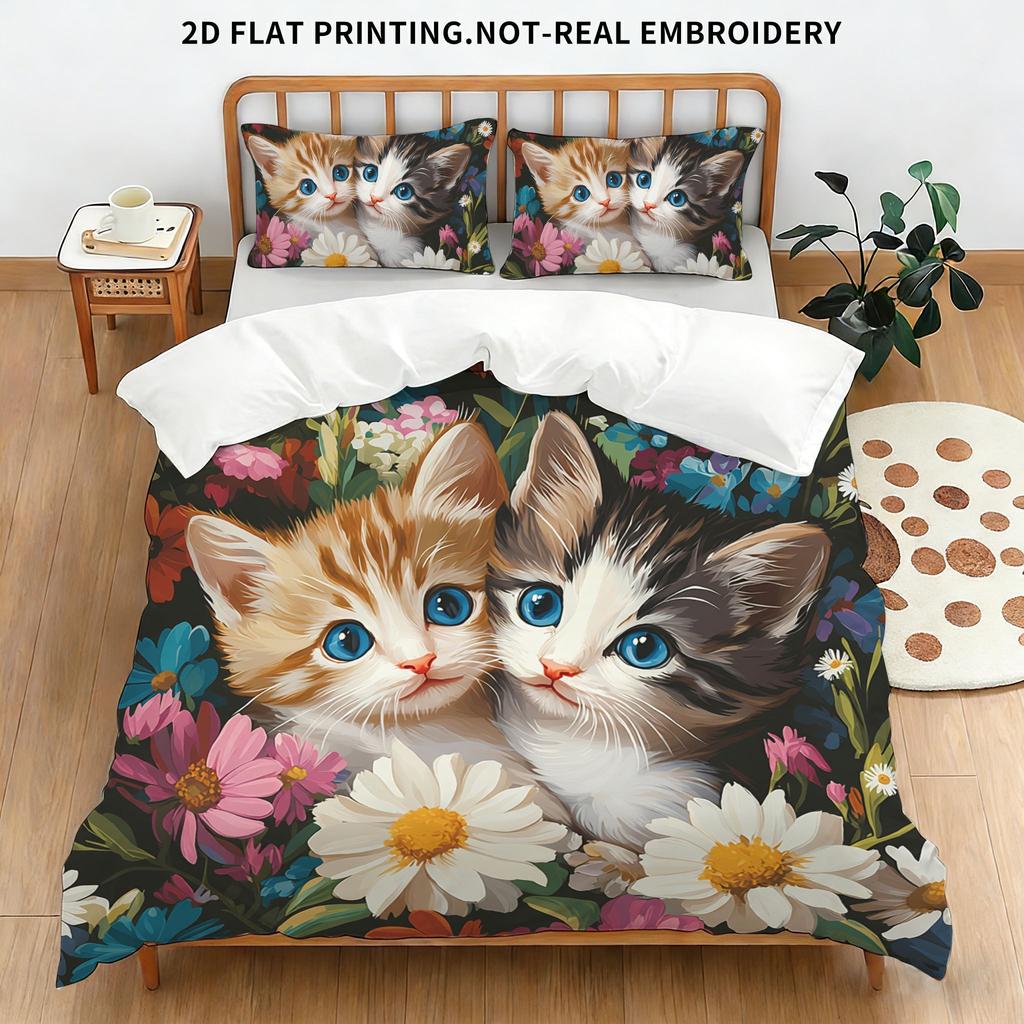Whimsical Black Cat Art Duvet Cover Set, Colorful Floral & Sun Print Bedding, 2D Flat Printed