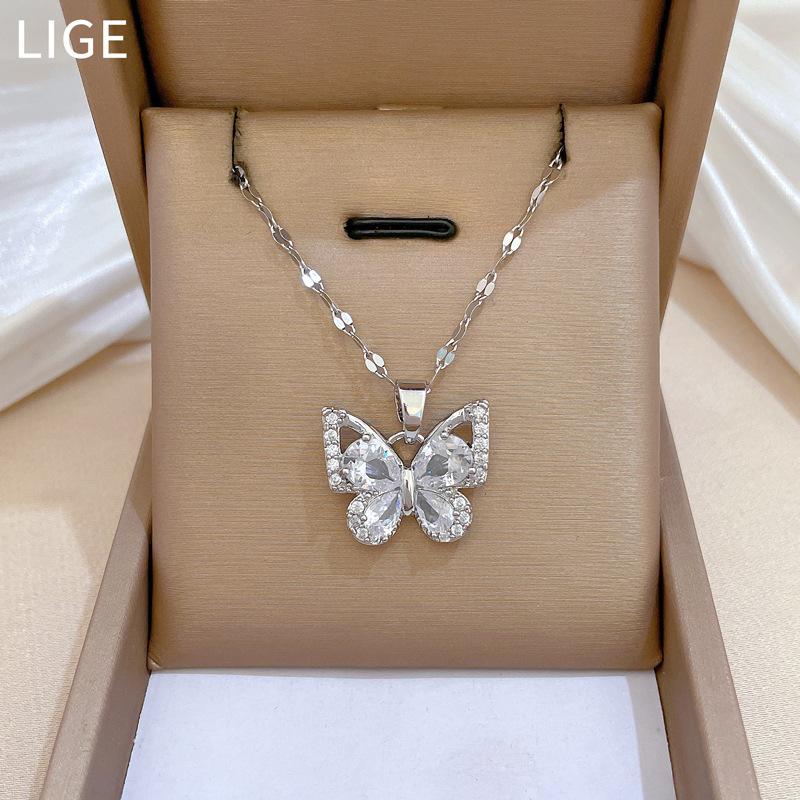 Zircon Butterfly Necklace Earrings Set Light Luxury Slightly Inlaid Personalized Temperament Banquet Earrings Item Combination