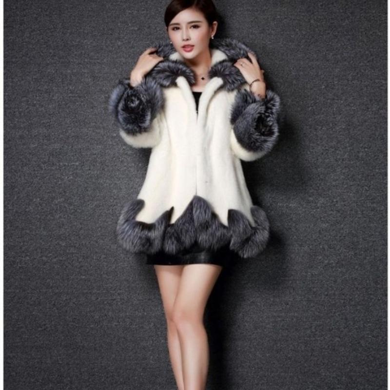 Imitation Fur New Fashion Imitation Mink Imitation Fox Fur Women's Coat Slim Hooded Medium and Long Coat