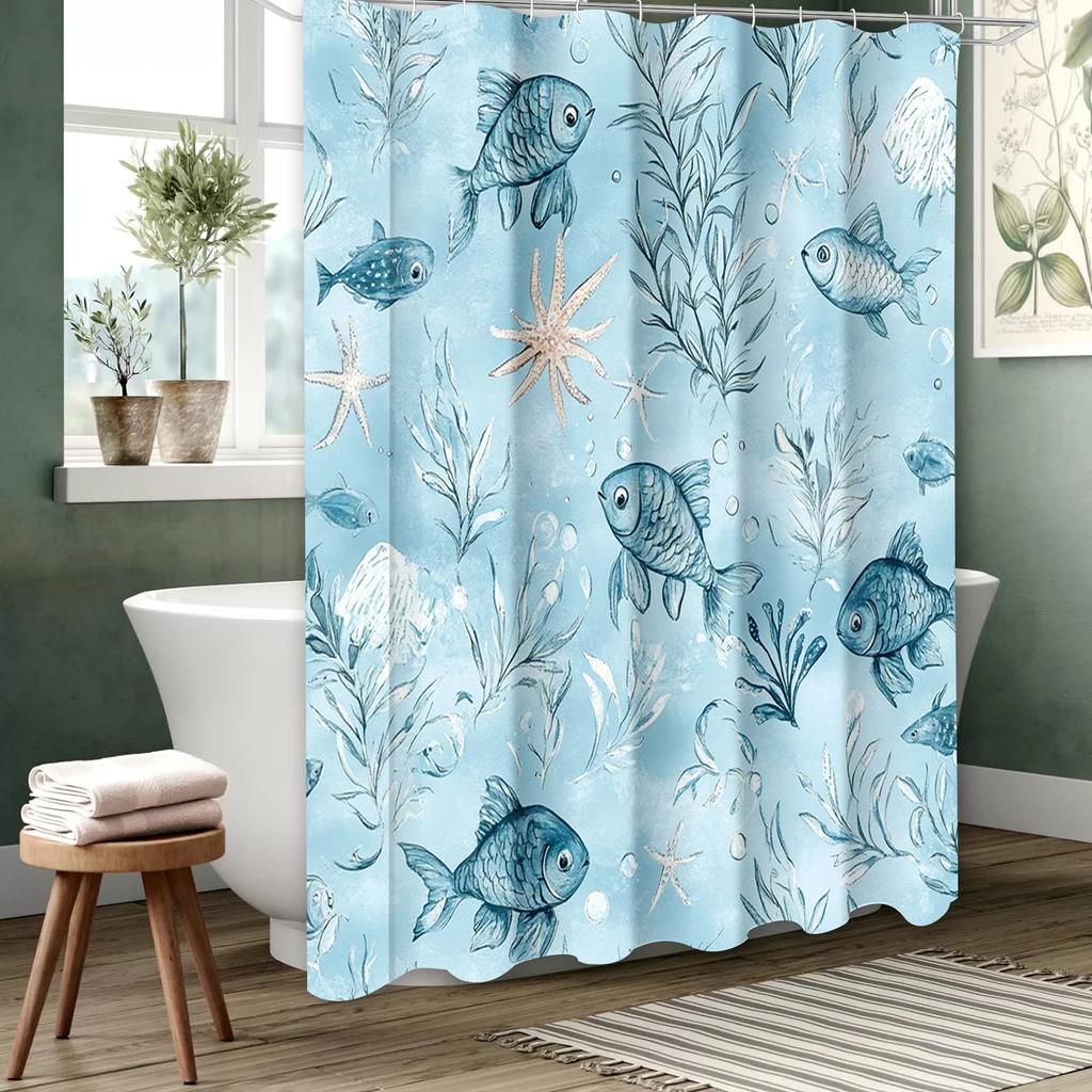 Lovely Fishes Pattern Bathing Curtain Bathroom Shower Curtain Waterproof With 12 Hooks Home Deco