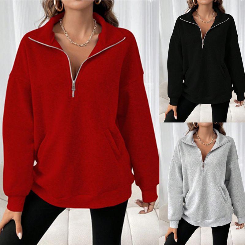 

2025 Zipper Collar Solid Color Casual T Women s Hoodie Red L