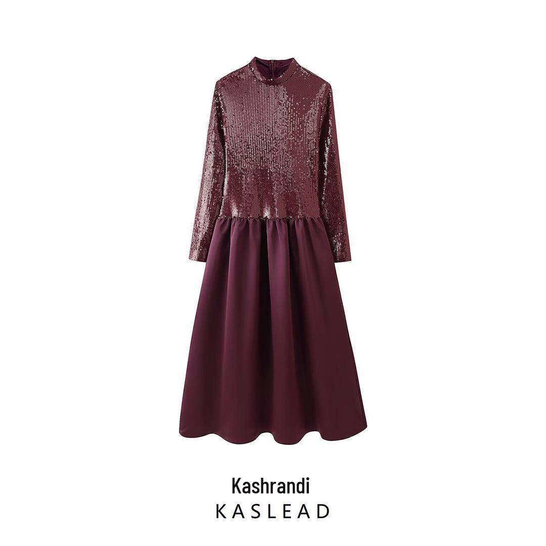 

2025 Spring Women s European & American Fashion Sequin Splice Round Neck Swing Dress S