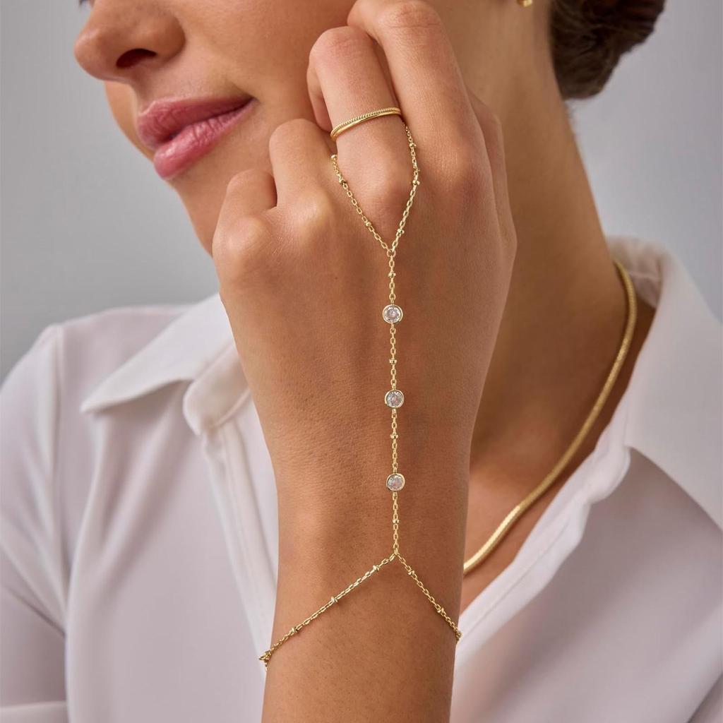 Stylish 18k Gold-Plated Titanium Bracelet with Diamond-Studded Bead & Finger Chain
