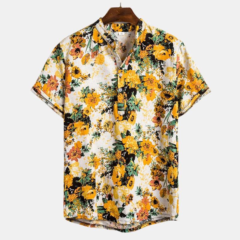 Men's Casual Stand Up Collar Abstract Painting Floral Print Shirt Summer New Short Sleeved Slim Fit Versatile Shirt