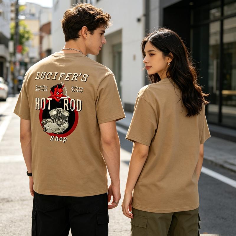 Lucifers Hot Rod Shop Graphic T Shirt Vintage Devil Car Print Unisex Soft Cotton Crew Neck Short Sleeve Trendy Casual