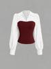 Completo 2 pezzi stile europeo da donna 2026: camicia a V con patchwork in vita e pantaloni