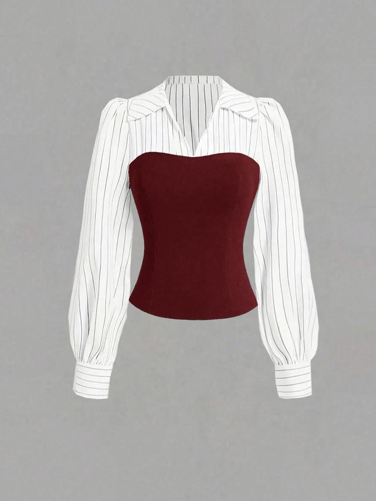 Completo 2 pezzi stile europeo da donna 2026: camicia a V con patchwork in vita e pantaloni
