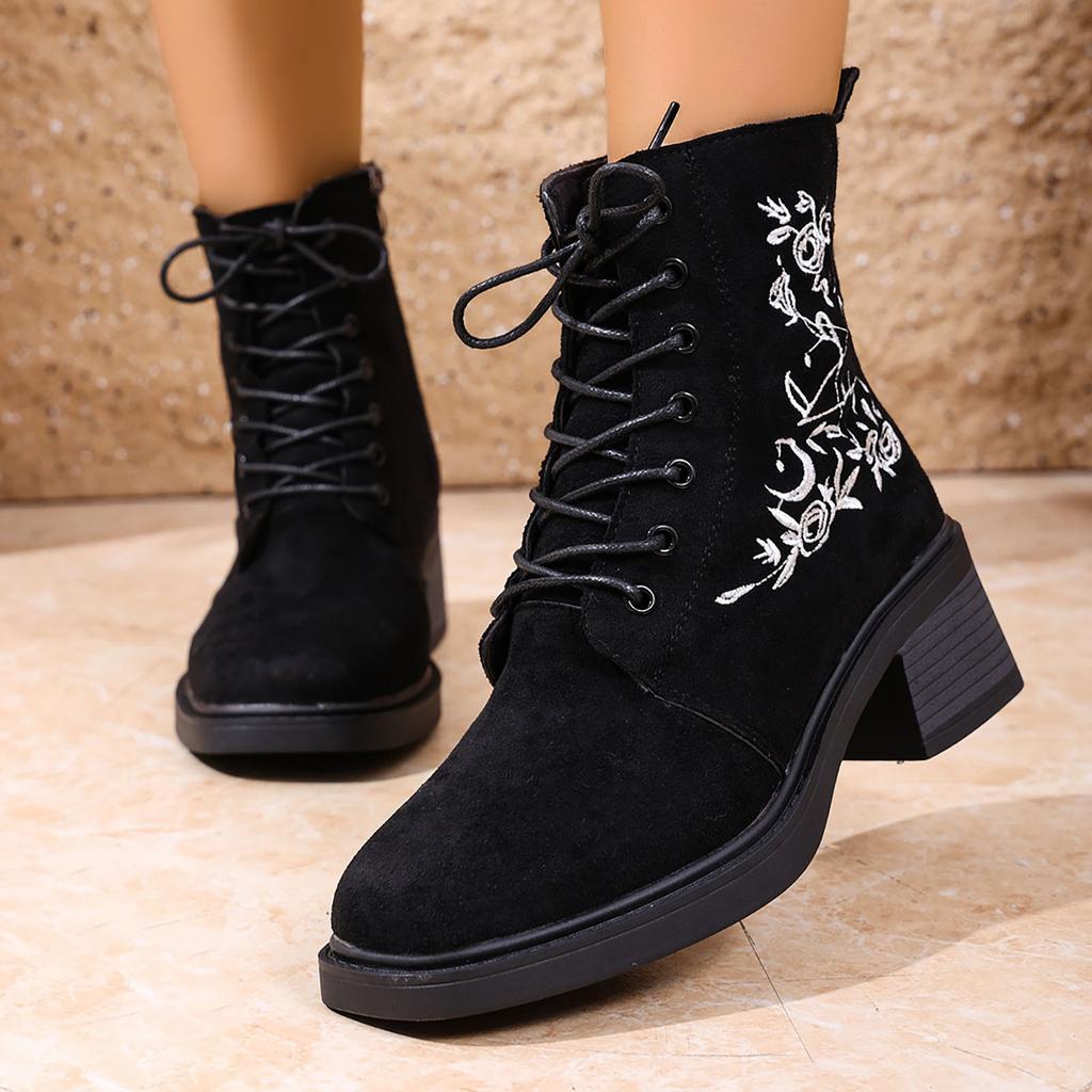 Women's Casual Fashion Flower Embroidery Temperament Commuting Thick Soled Side Zipper Ankle Heeled Boots for Women Booties