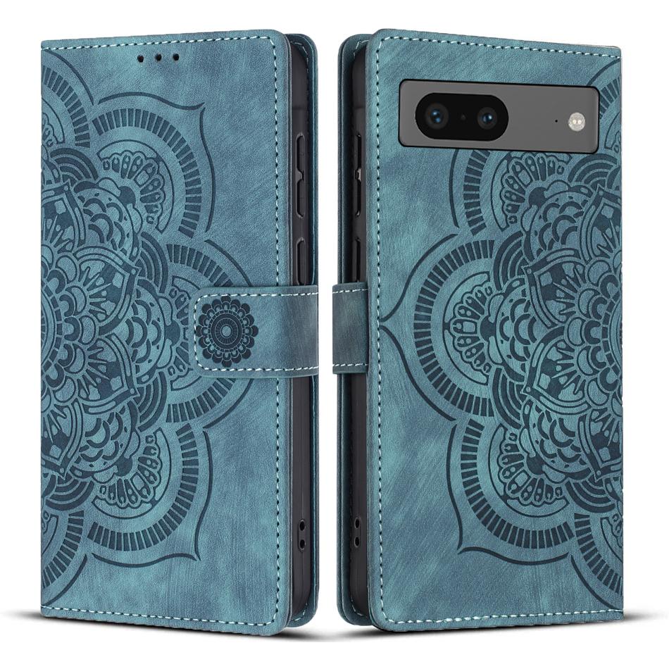 

For Google Pixel 8a Leather Case WANLONFENG HDM Series Mandala Imprint Wallet Stand Phone Cover Blue