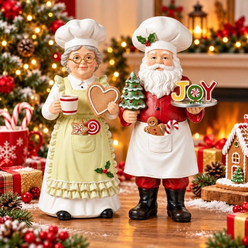 2PCS Apron Mrs. Claus Figurine Chef Hat Chef Statue Chef Santa Figurine Counter Decor