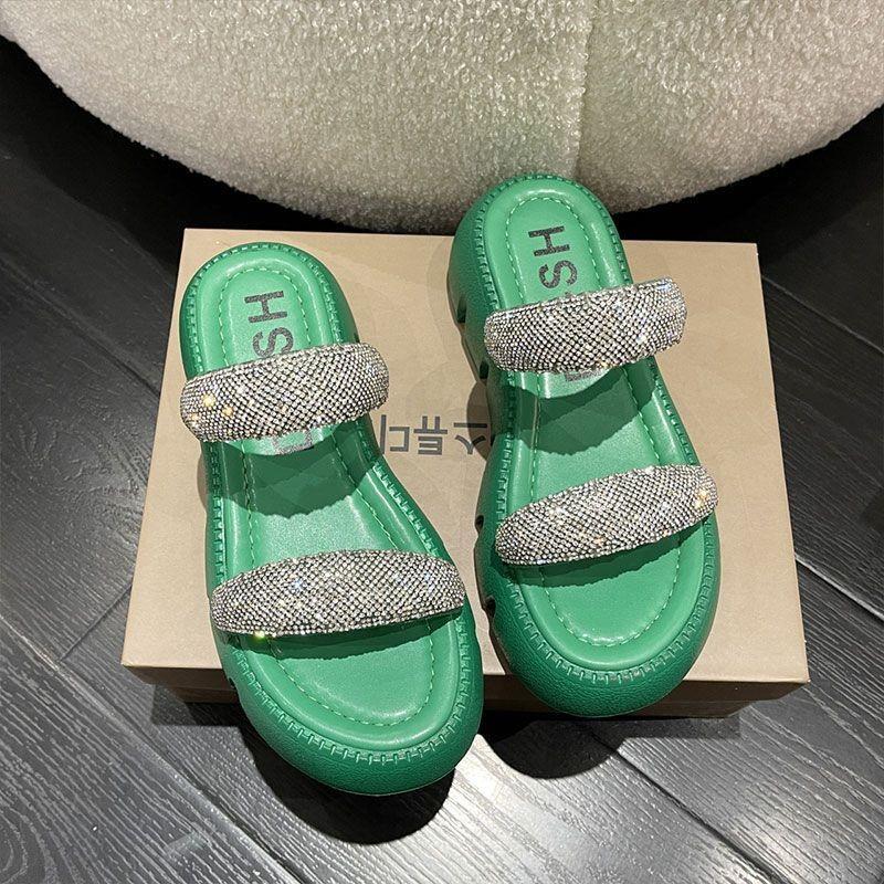 Trendy Women's Summer Slide Sandals In Orange White Green And Black With Stylish Rhinestones And Thick Sole Design Perfect For Casual Outings And