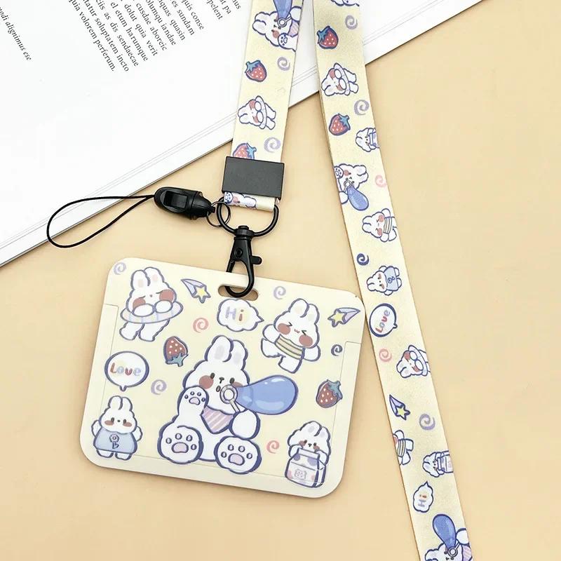 Horizontal Cute Cartoon Push Pull Card Covers Bus Card Sleeve Game Cards Case Credit Card Holder Lanyard Work Permit Holder