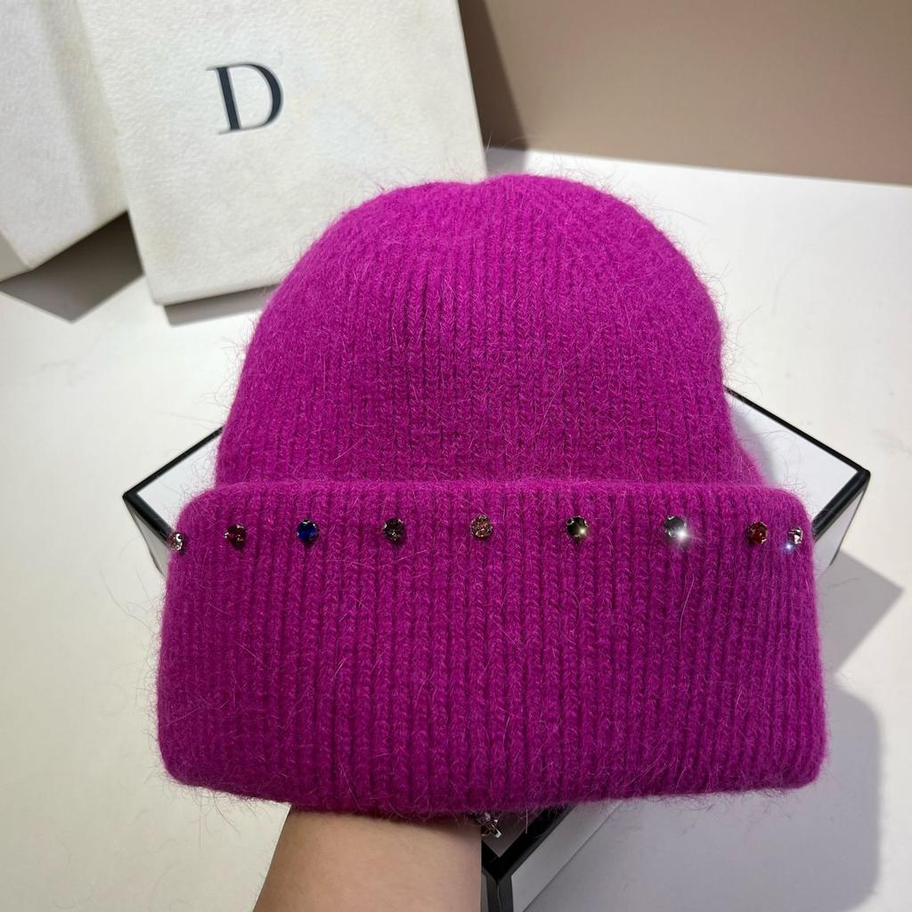 Russian Winter Warm Rabbit Hair Knitted Hat Celebrity Light Luxury Small Diamond Double Fold Wool Hat Women'S Outdoor Windproof