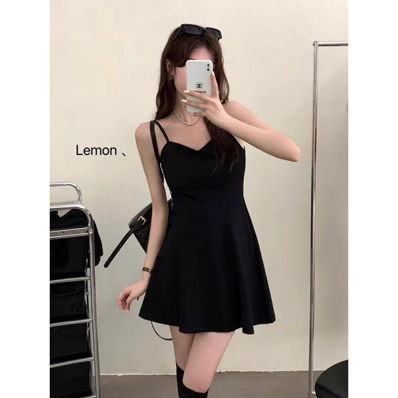 Black dress women s inner cover bottom thin suspender a word short skirt Hepburn small black dress small short skirt summer S
