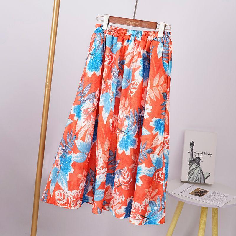 Floral Half Length Skirt for Women Spring/Summer Long Style High Waist Retro Elastic Long Length Skirt
