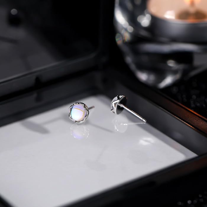 Women's Synthetic Moonstone Earrings, June Birthstone, Single Power Stone, Hypoallergenic, Silver 925, Pink Gold, Simple, Gift for Her