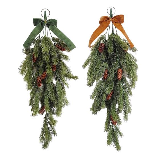 Christmas Teardrop Swag Artificial Norfolk Pine Branch Door Swag with Faux Pine Cones And Bow for Indoor Outdoor Mantel Fireplace Stairway Decor