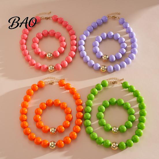 Colorful Bead Necklace Beaded Jewelry for Women, Acrylic Big Beads Choker Female Bracelet Necklace, Round Stretch Bracelet, Summer Retro Accessory
