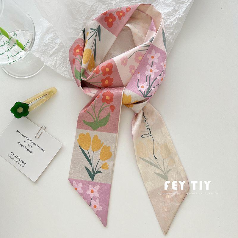 Fashion Printing Silk Hair Scarf for Women Chiffon Long Ribbon Ponytail Ties Headbands
