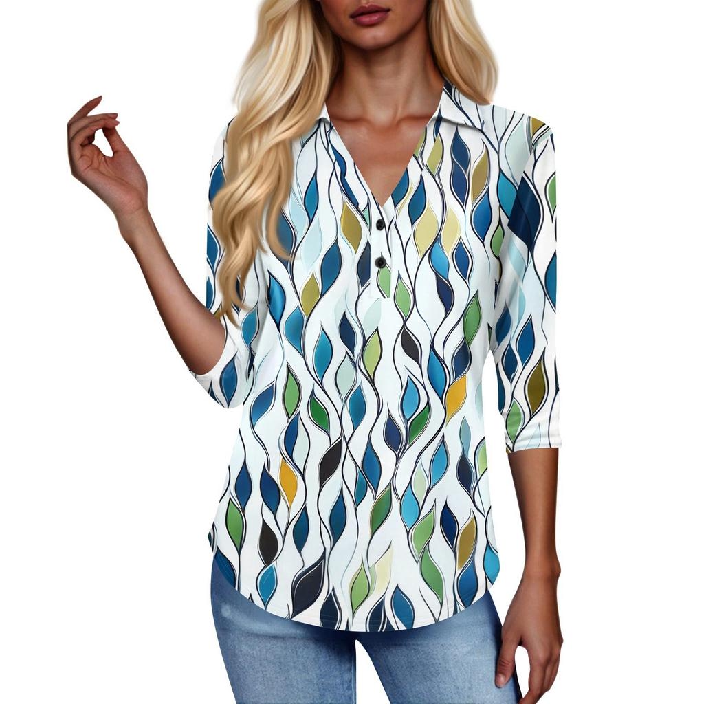 Women's Fashion Casual Lapel Short 3/4 Sleeve Print Shirt Women's V-Neck Button Tops