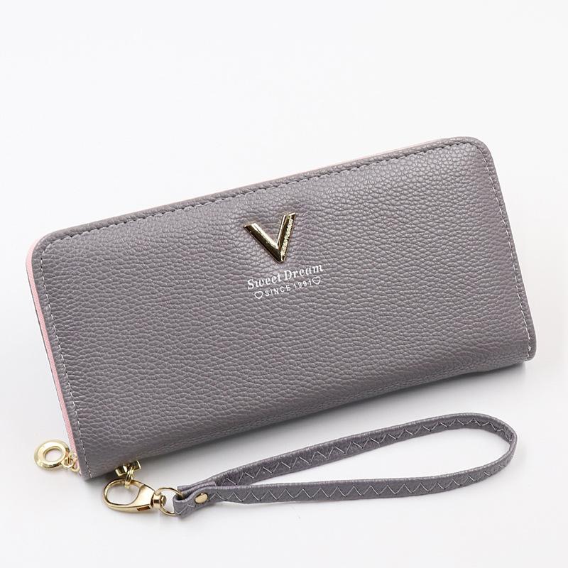 New solid color long wallet women's simple high-end lychee pattern soft leather trend zipper wallet spot
