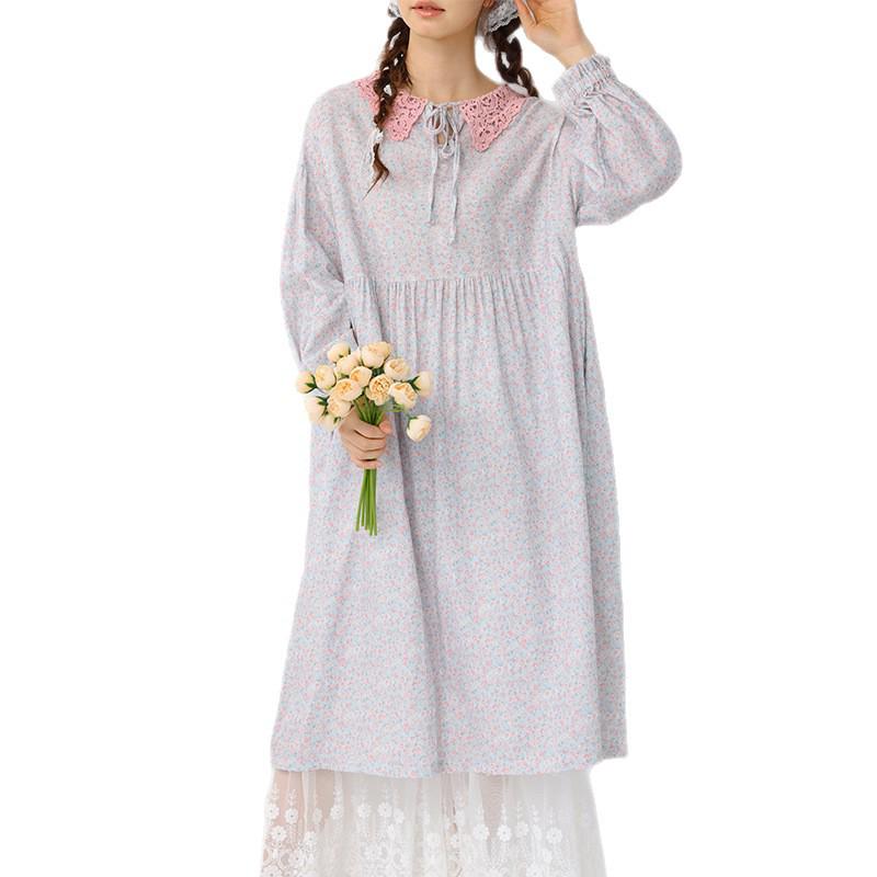 Women's Floral Print Lace-up Doll Collar Cotton Linen Long Sleeve Loose Plus Size Spring Dress