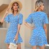 Summer New Print Dress Blue V-neck Button Floral Dress