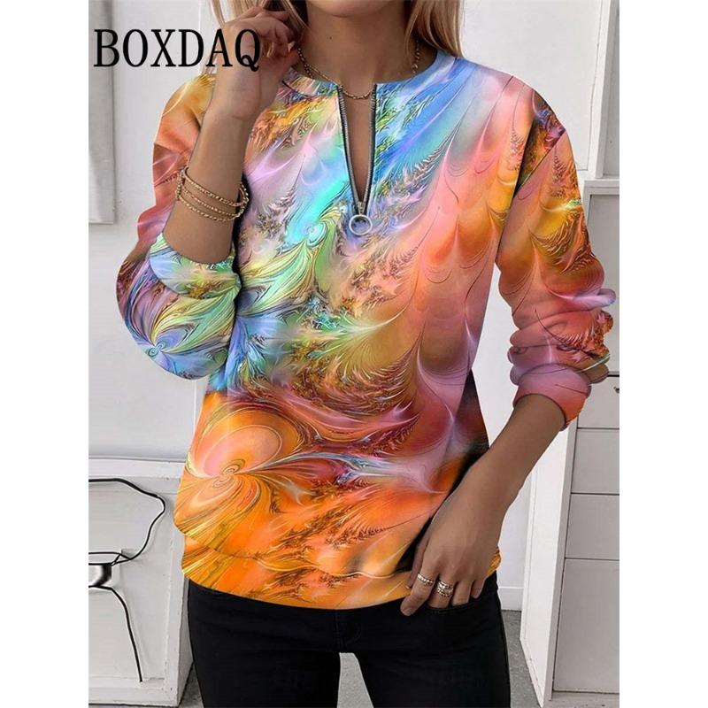 

Fashion Tie Dye Abstract Print Pattern Women s Long Sleeve Sweatshirt Casual Daily Street V-Neck Zipper Autumn Winter Tops XL