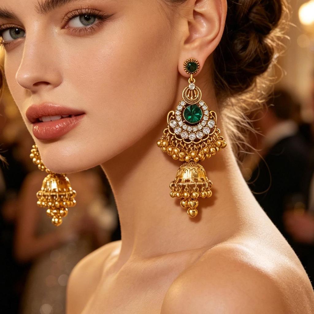 Indian-Style Long Earrings with Rhinestones, Beads, Bells, and Tassels