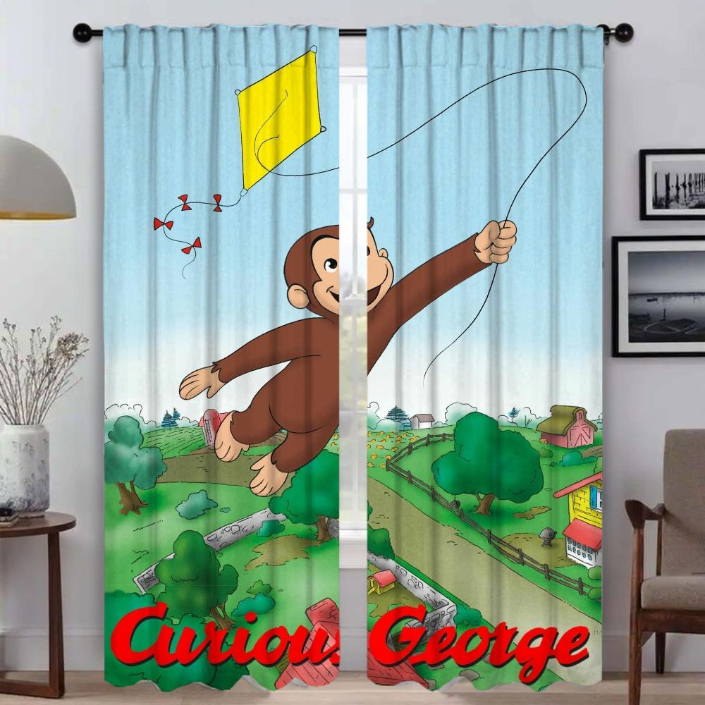 Curious George Curtains for Living Room Curtain Halloween Decoration Partition Home Interior Curtains 2 Pieces Shades Kitchen