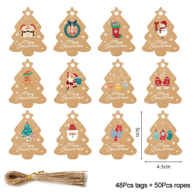 48/50Pcs Merry Christmas Kraft Paper Tags DIY Handmade Gift Wrapping Paper Labels Santa Claus Hang Tag Ornaments New Year Decor