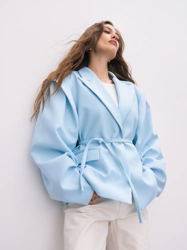 

Women s Blue Blazer Jacket Shoulder Padded Long Sleeved Loose Lace Up Jacket Fashion Office Lady Spring and Summer 2025 42 синій