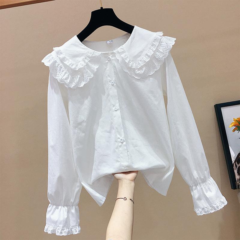 Kids Shirt Long Sleeve White Cotton Lace Trim Blouse Boys Girls Spring Autumn Fashion Top Children Korean Style Casual Clothing Size 110 160