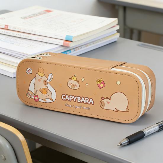 Dual-Layer Pencil Case Faux Leather Cute Stationery Bag Large Capacity Portable Pen Pouch for School Office Supplies
