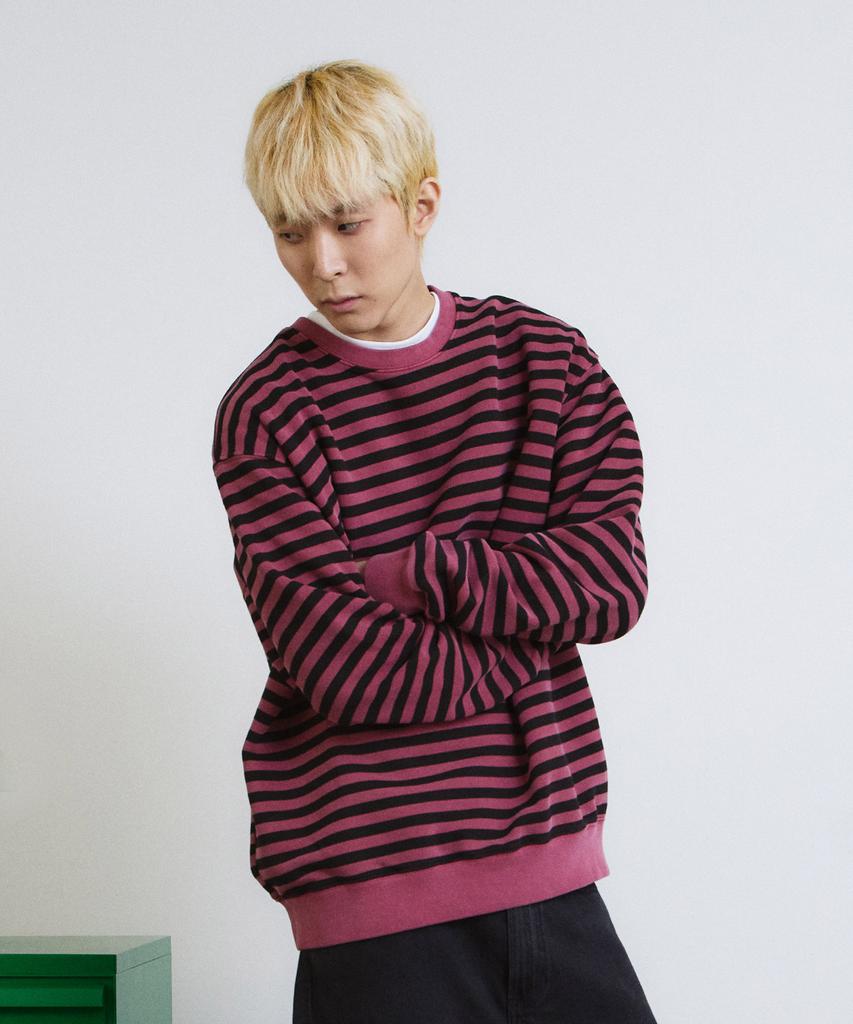 ADERNM Pigment Dyed Stripe Line Sweatshirt (Burgundy)