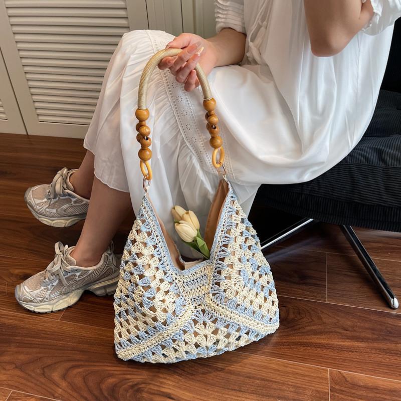 Borsa a tote intrecciata da spiaggia estiva, grande capacità, con decorazione di perline color block, per uso quotidiano casual